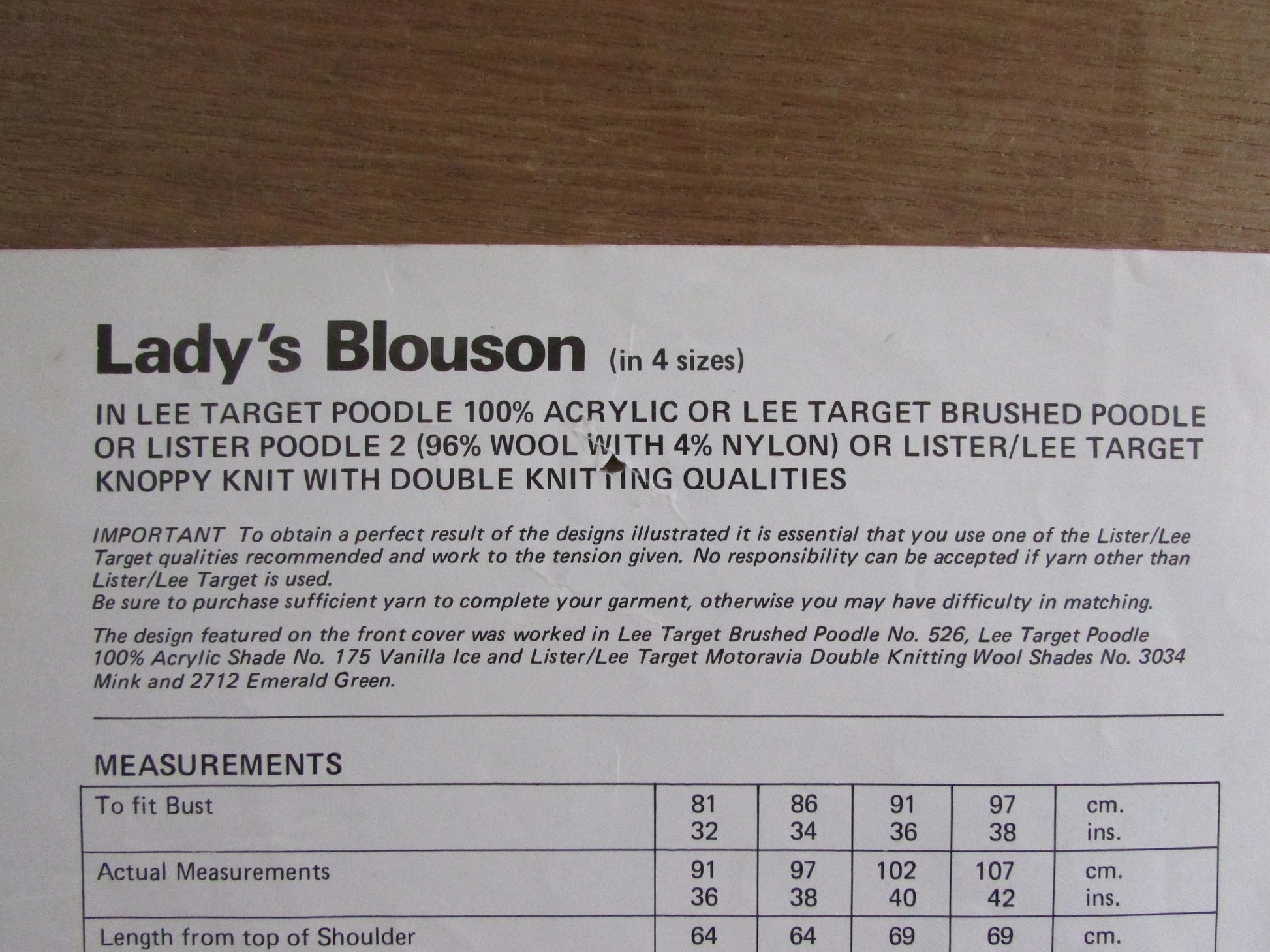 1970s Lee Lister K1055 knitting pattern for lady's blouson