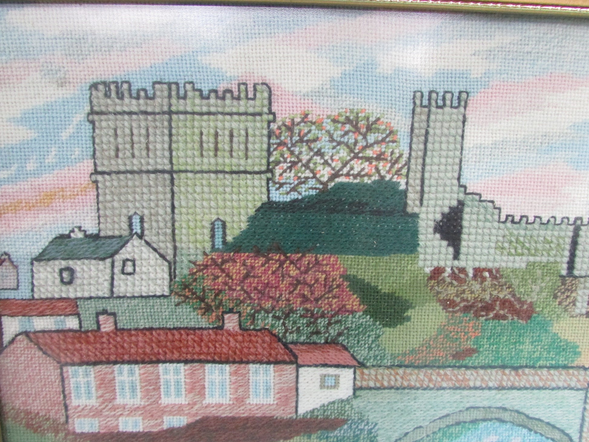 1980 framed cross stitch of Durham castle & cathedral