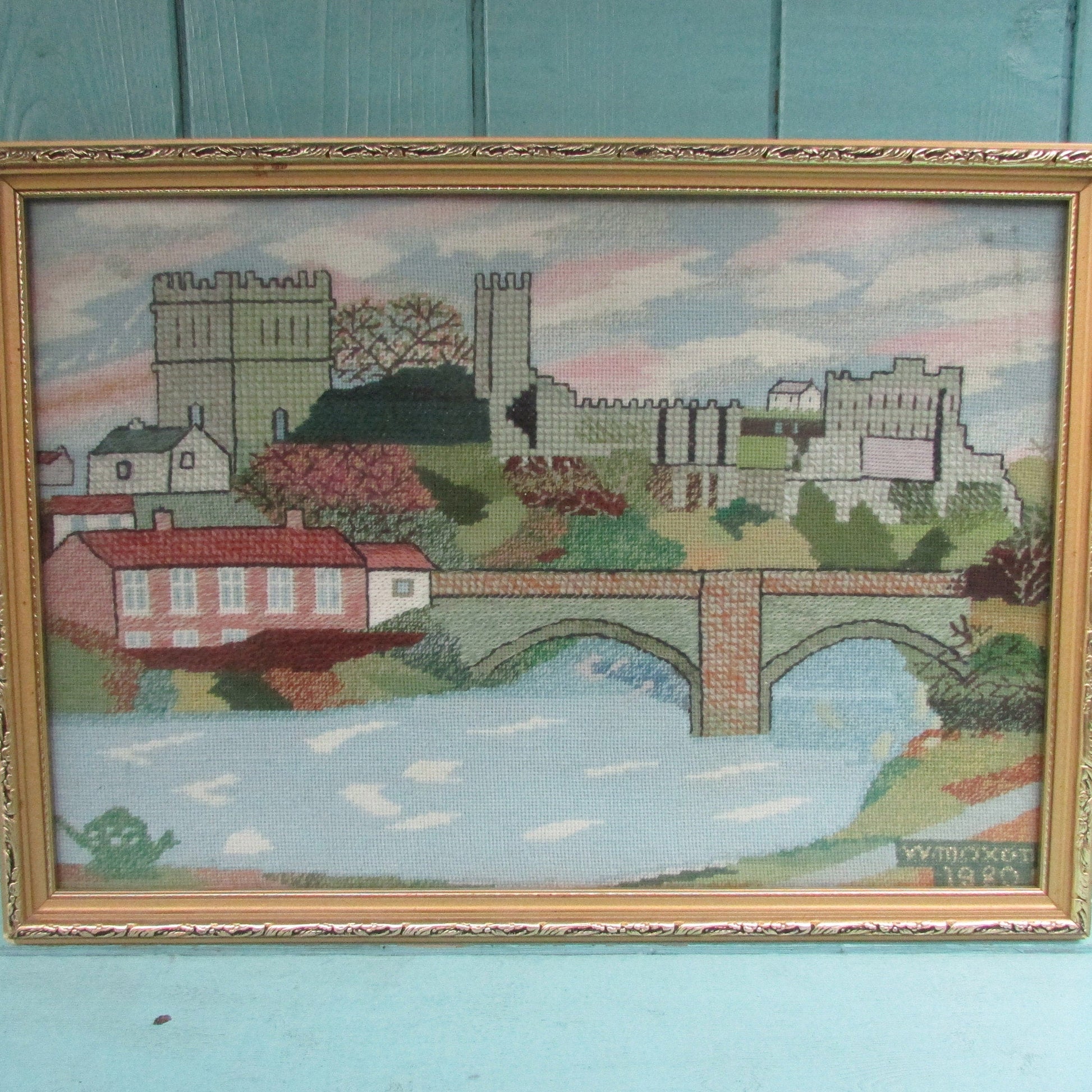 1980 framed cross stitch of Durham castle & cathedral