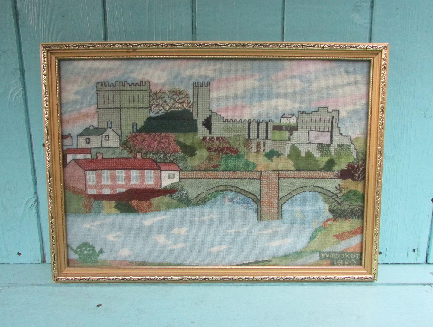 1980 framed cross stitch of Durham castle & cathedral