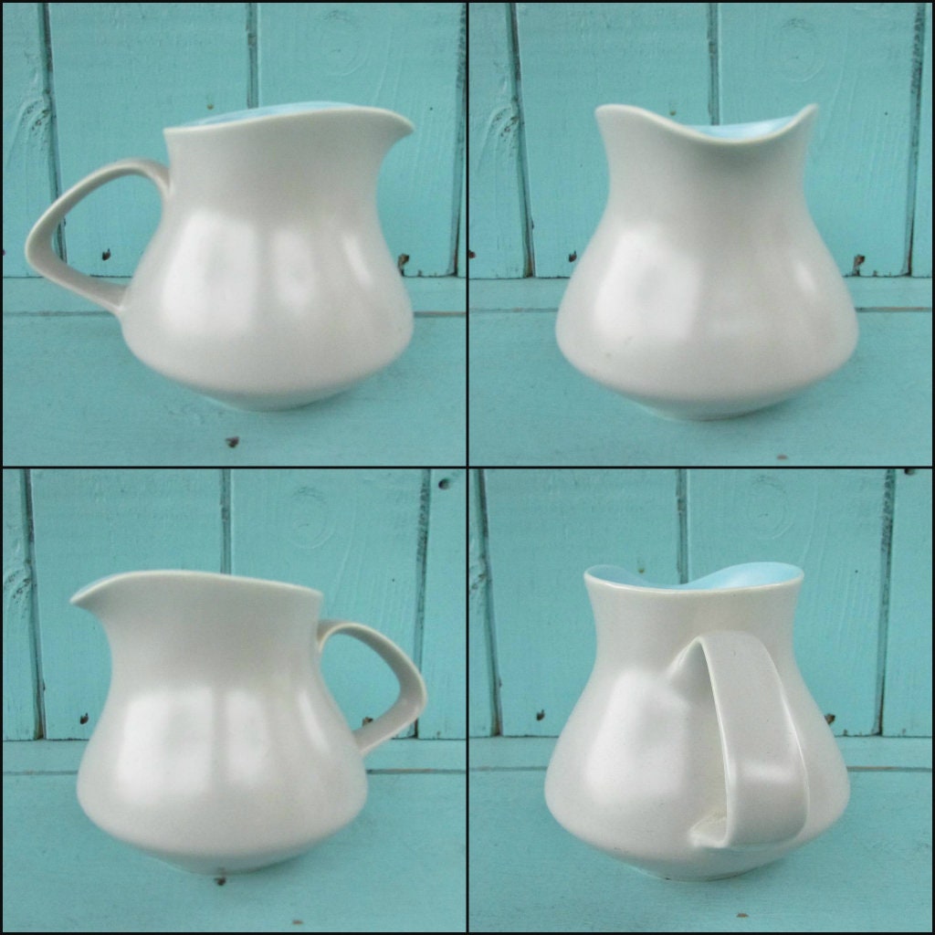 1960s Poole Pottery ceramic Twintone contour coffee pot and jug set, Sky Blue & Dove Grey