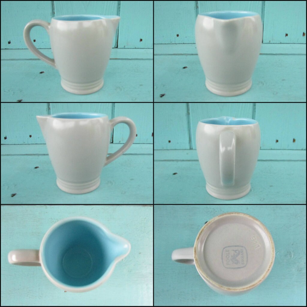 1960s Poole Pottery ceramic Twintone contour coffee pot and jug set, Sky Blue & Dove Grey