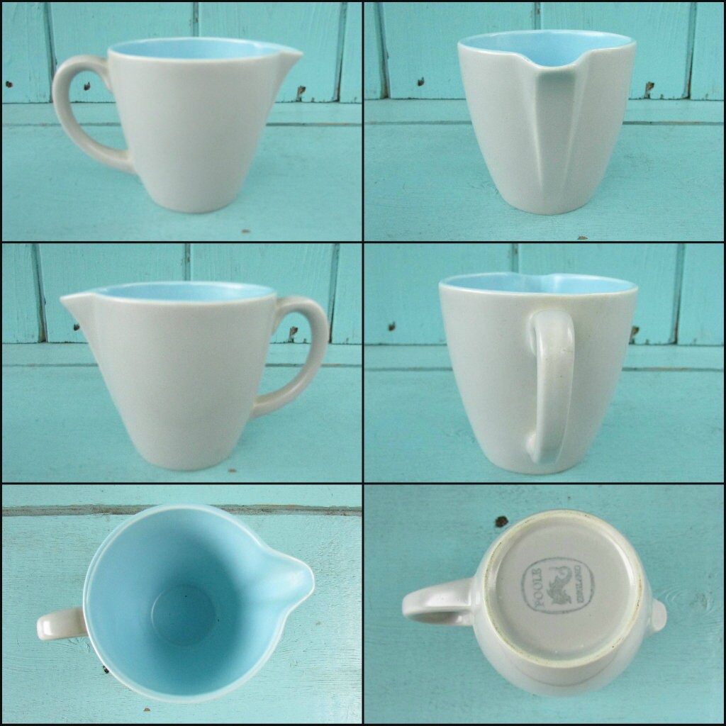 1960s Poole Pottery ceramic Twintone contour coffee pot and jug set, Sky Blue & Dove Grey
