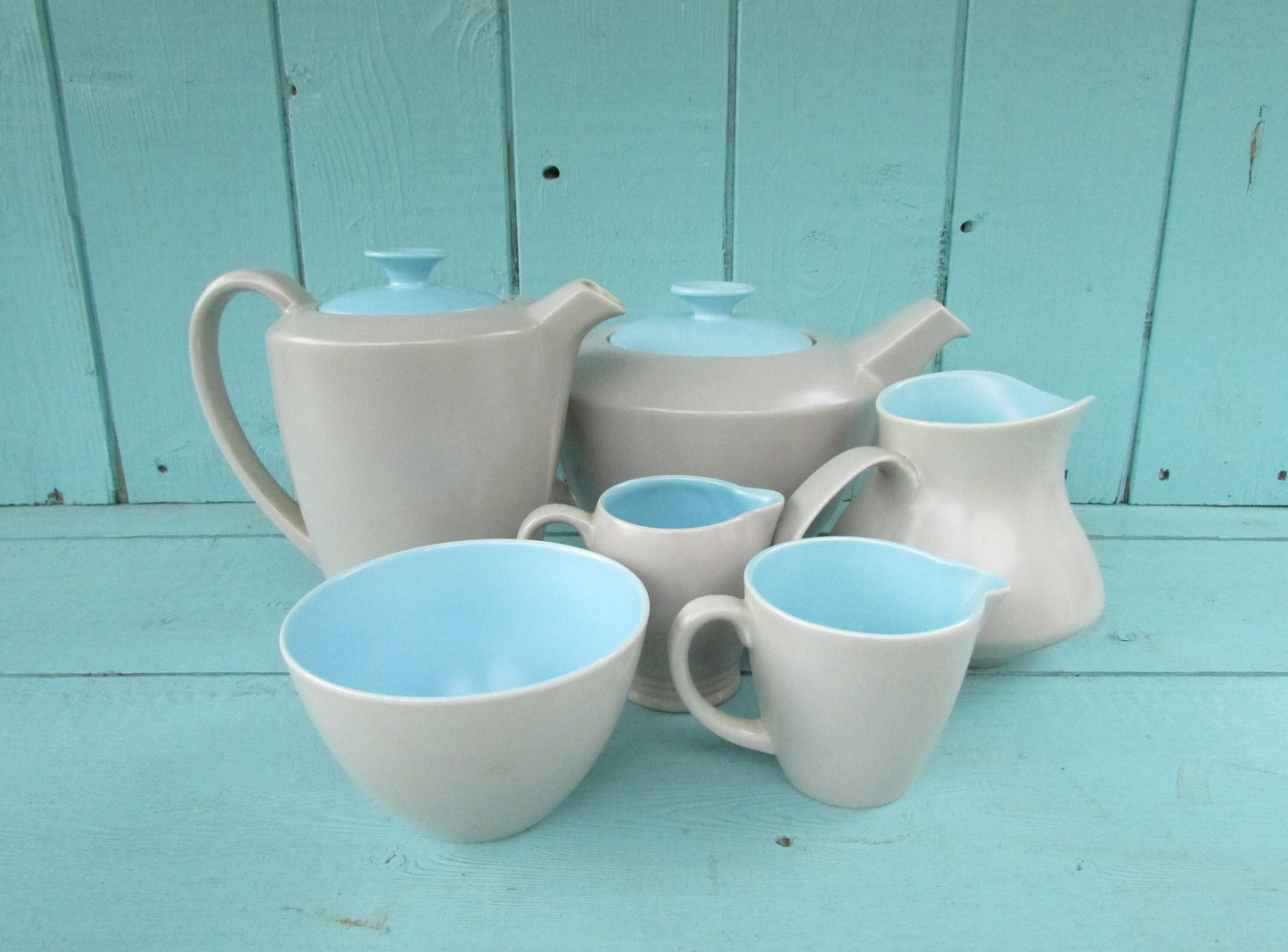 1960s Poole Pottery ceramic Twintone contour coffee pot and jug set, Sky Blue & Dove Grey
