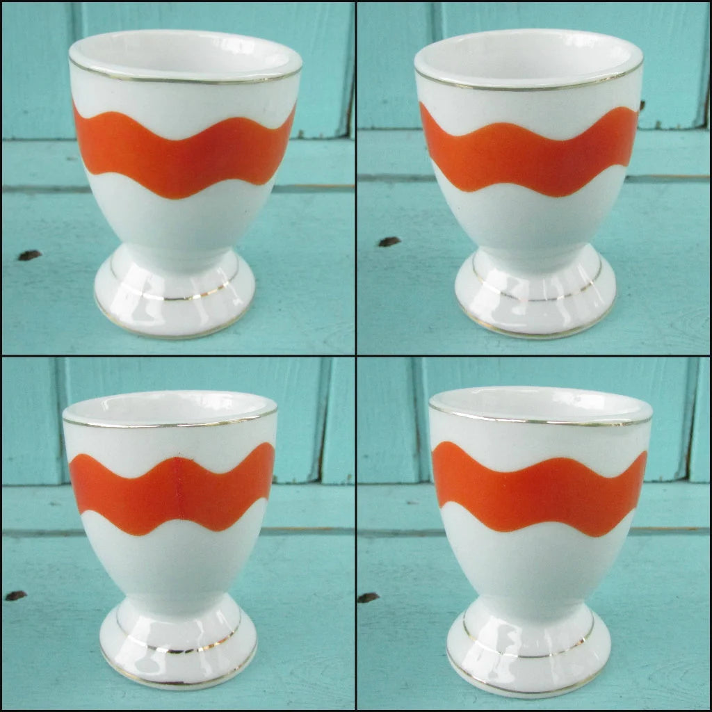 Vintage Motivex salt & pepper set and matching egg cups with coordinating ceramic spoons