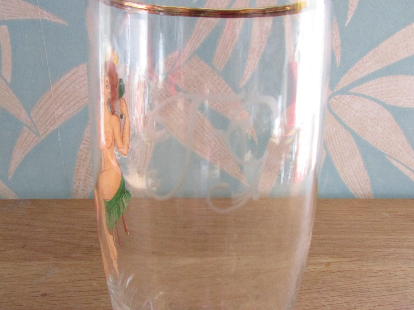 Mid-century gentleman's risqué pin-up girl pint glass, reverse decal