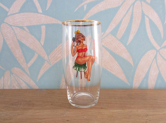 Mid-century gentleman's risqué pin-up girl pint glass, reverse decal