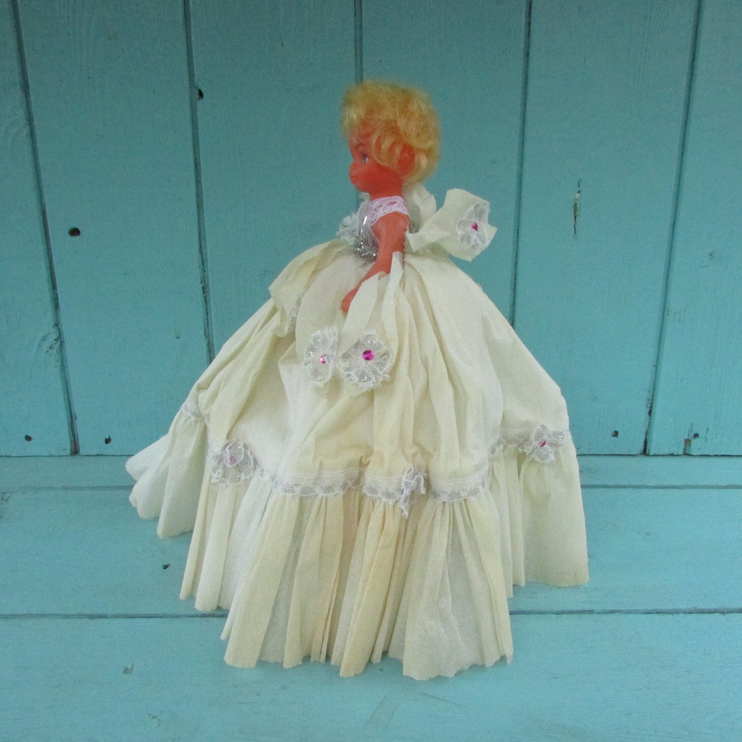 Vintage handmade Christmas tree fairy with crepe dress & foil shoes