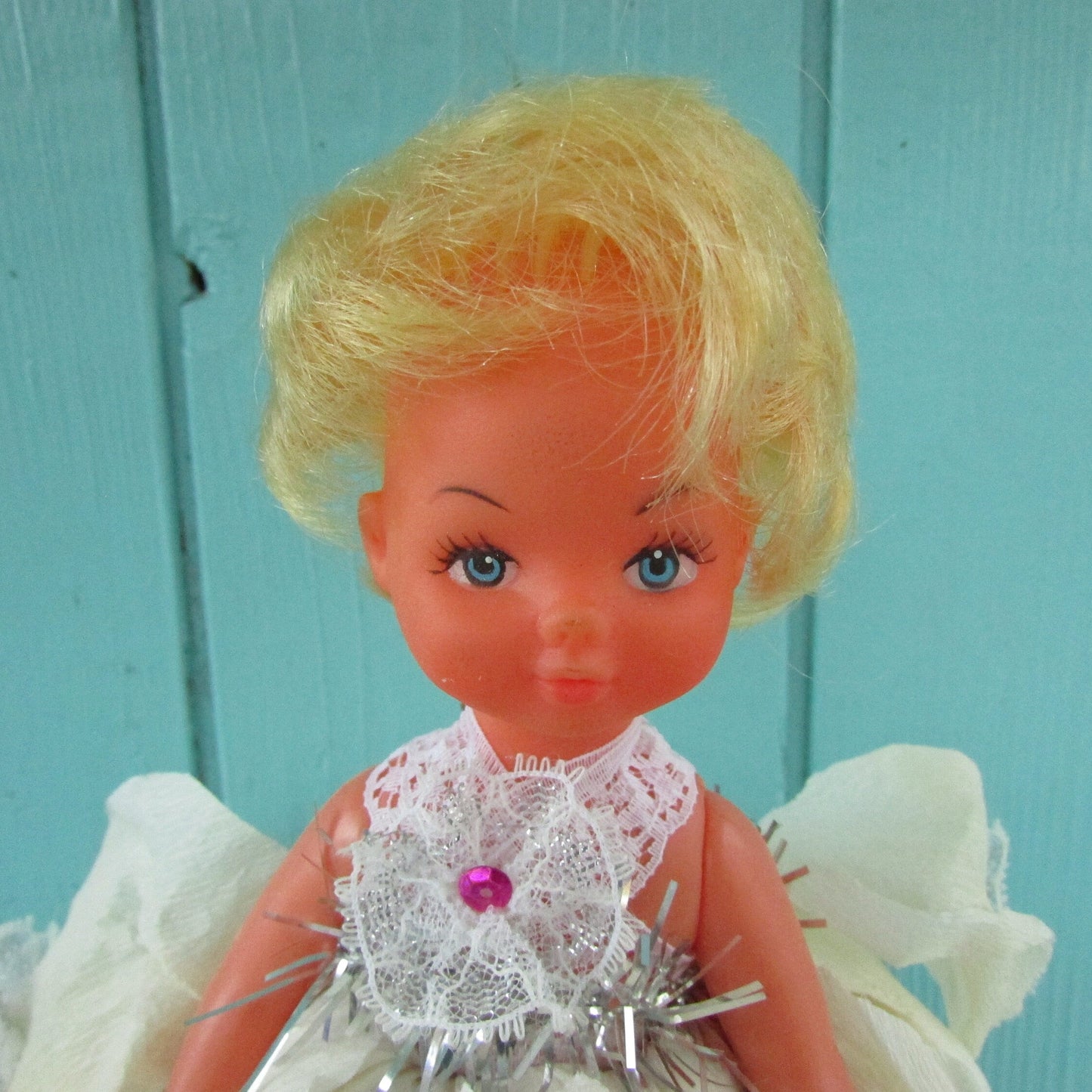 Vintage handmade Christmas tree fairy with crepe dress & foil shoes