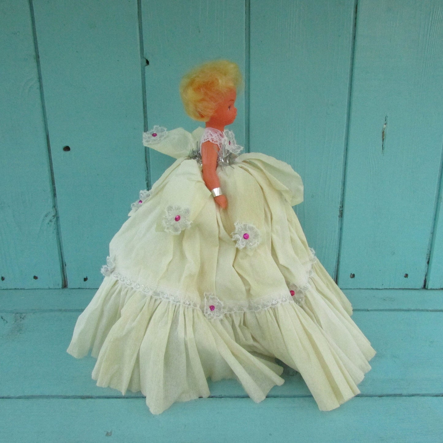 Vintage handmade Christmas tree fairy with crepe dress & foil shoes