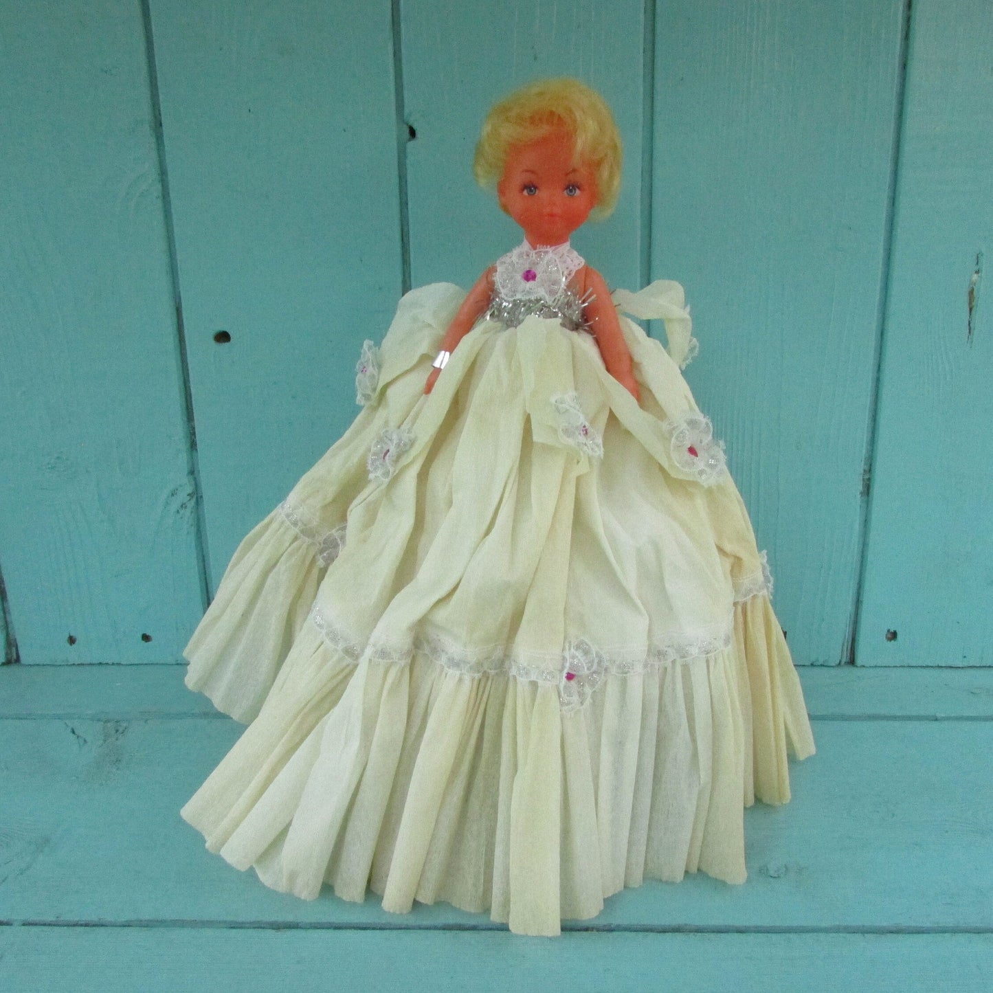 Vintage handmade Christmas tree fairy with crepe dress & foil shoes