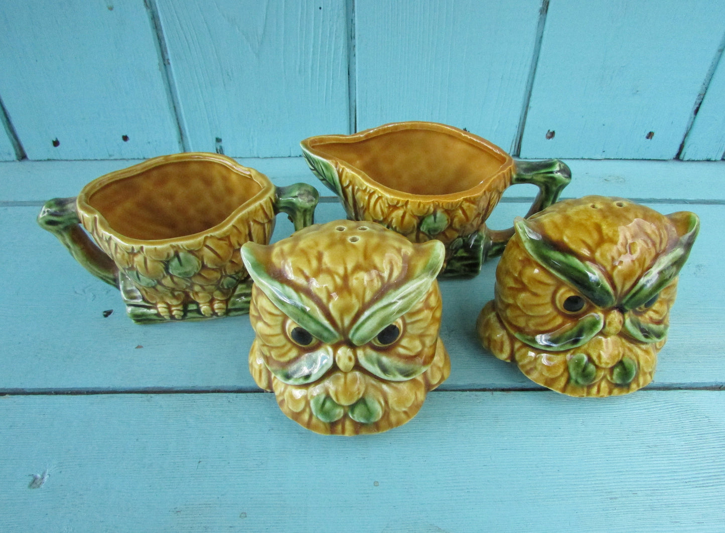 Vintage Royal Sealy Kaycoware ceramic owl cruet & creamer set, made in Japan