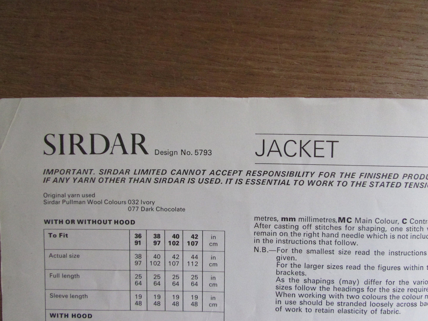 1970s Sirdar 5793 knitting pattern for chunky knit jacket with motorcycle or fish motif