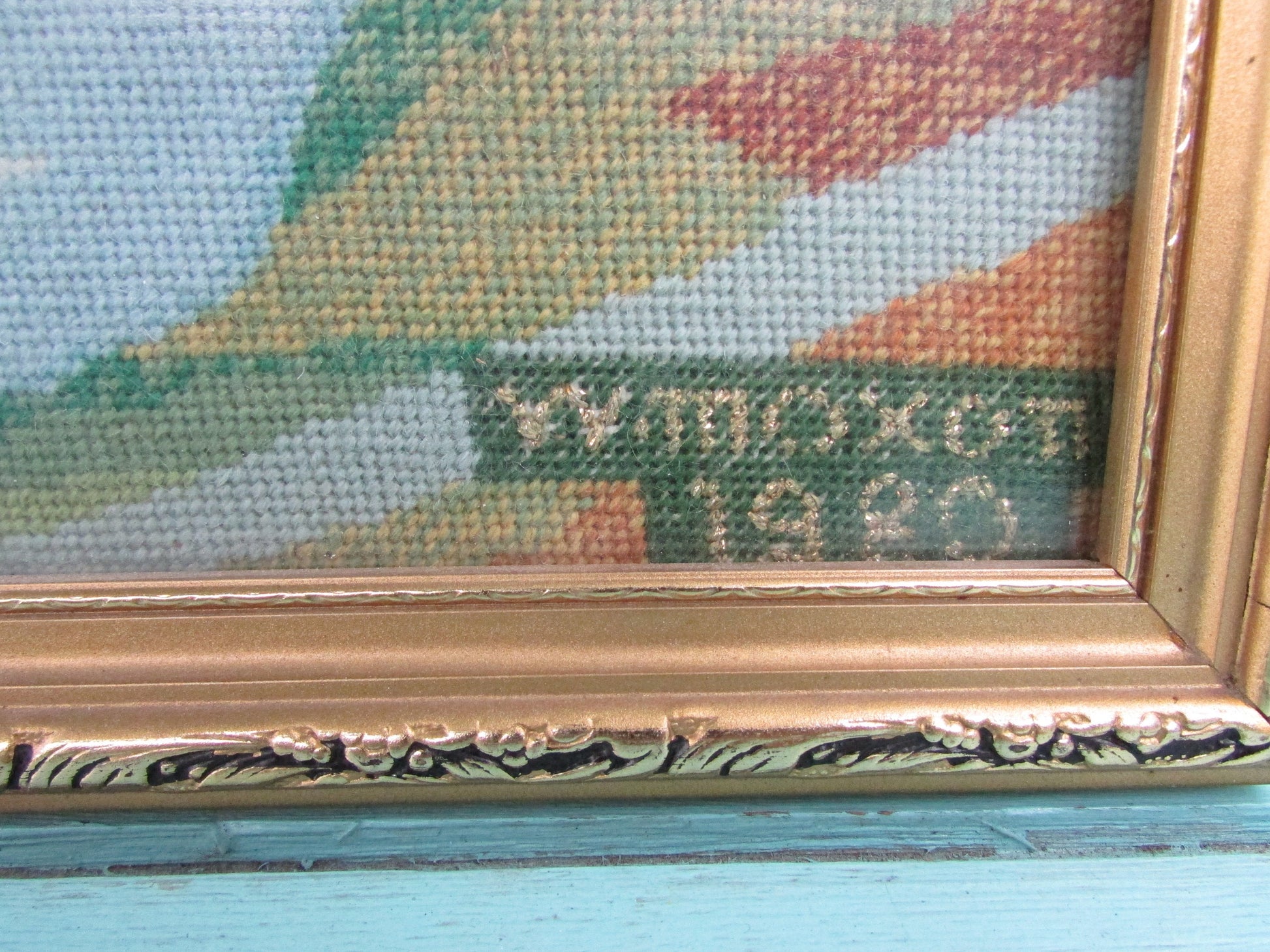 1980 framed cross stitch of Durham castle & cathedral