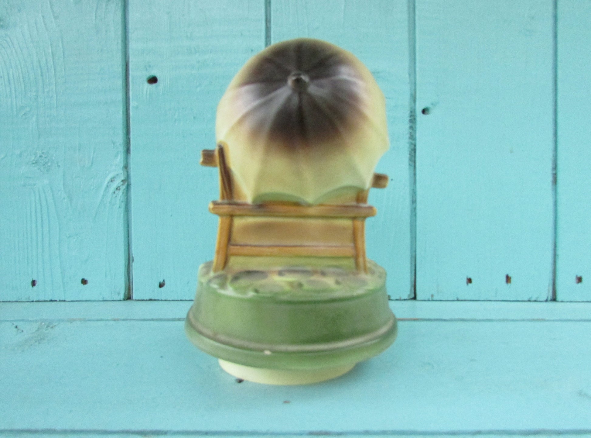 1970s Sankyo Japan ceramic musical ornament, children under umbrella