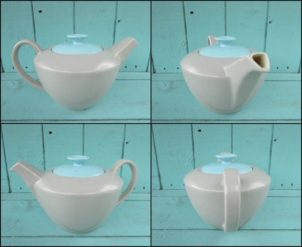 1960s Poole Pottery ceramic Twintone contour coffee pot and jug set, Sky Blue & Dove Grey