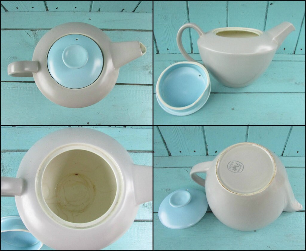 1960s Poole Pottery ceramic Twintone contour coffee pot and jug set, Sky Blue & Dove Grey