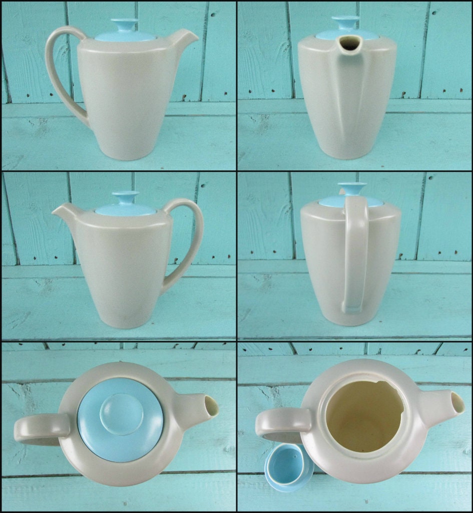 1960s Poole Pottery ceramic Twintone contour coffee pot and jug set, Sky Blue & Dove Grey