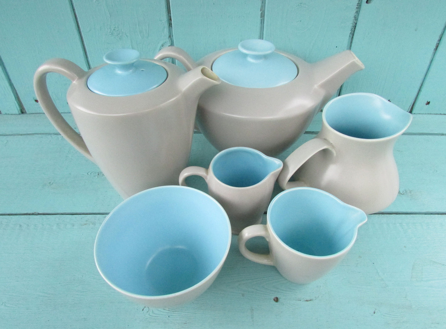 1960s Poole Pottery ceramic Twintone contour coffee pot and jug set, Sky Blue & Dove Grey