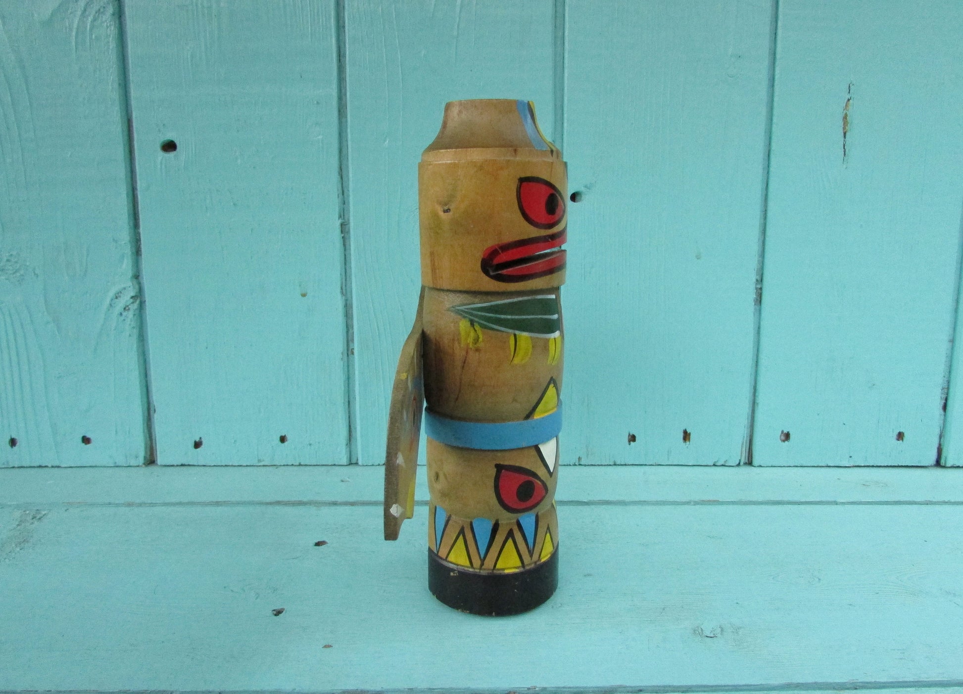 Vintage handpainted wooden totem pole money box