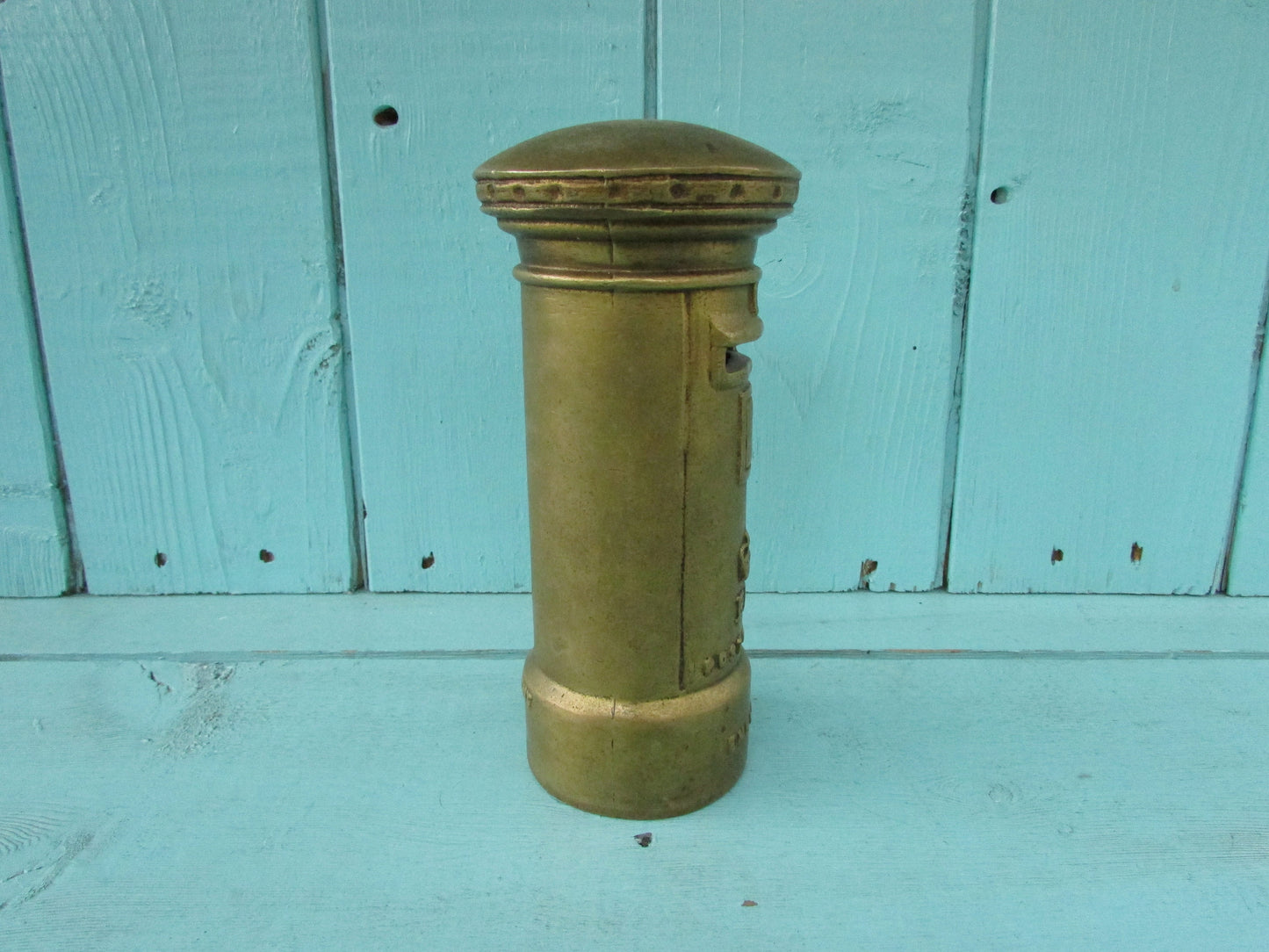 Vintage solid brass Post Office letter box money box (missing stopper)