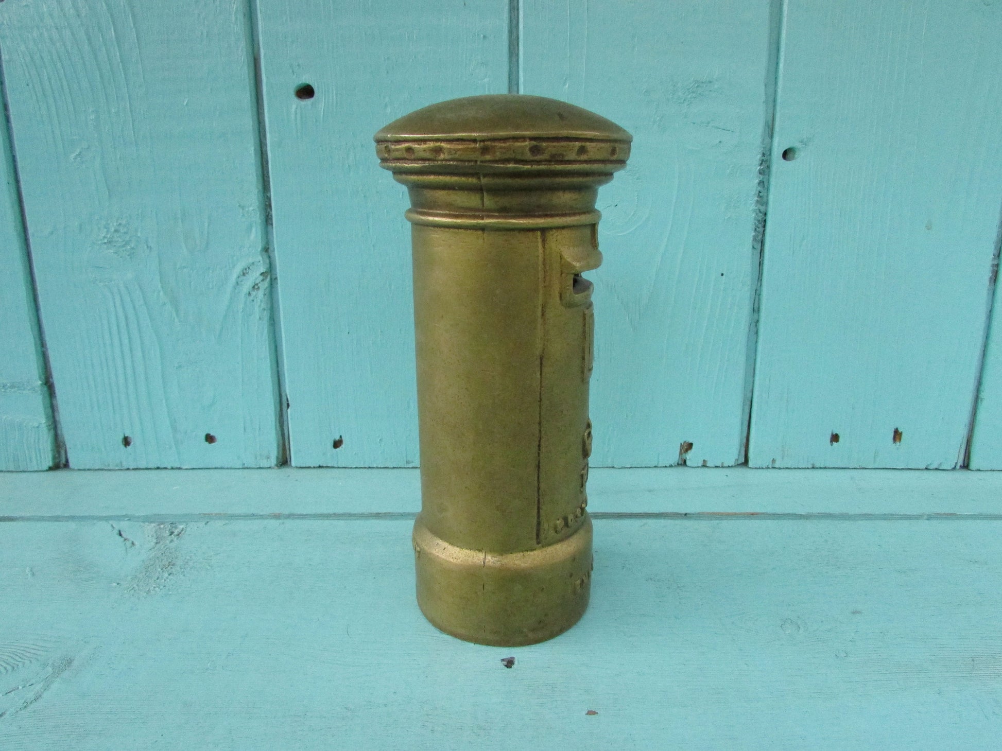 Vintage solid brass Post Office letter box money box (missing stopper)