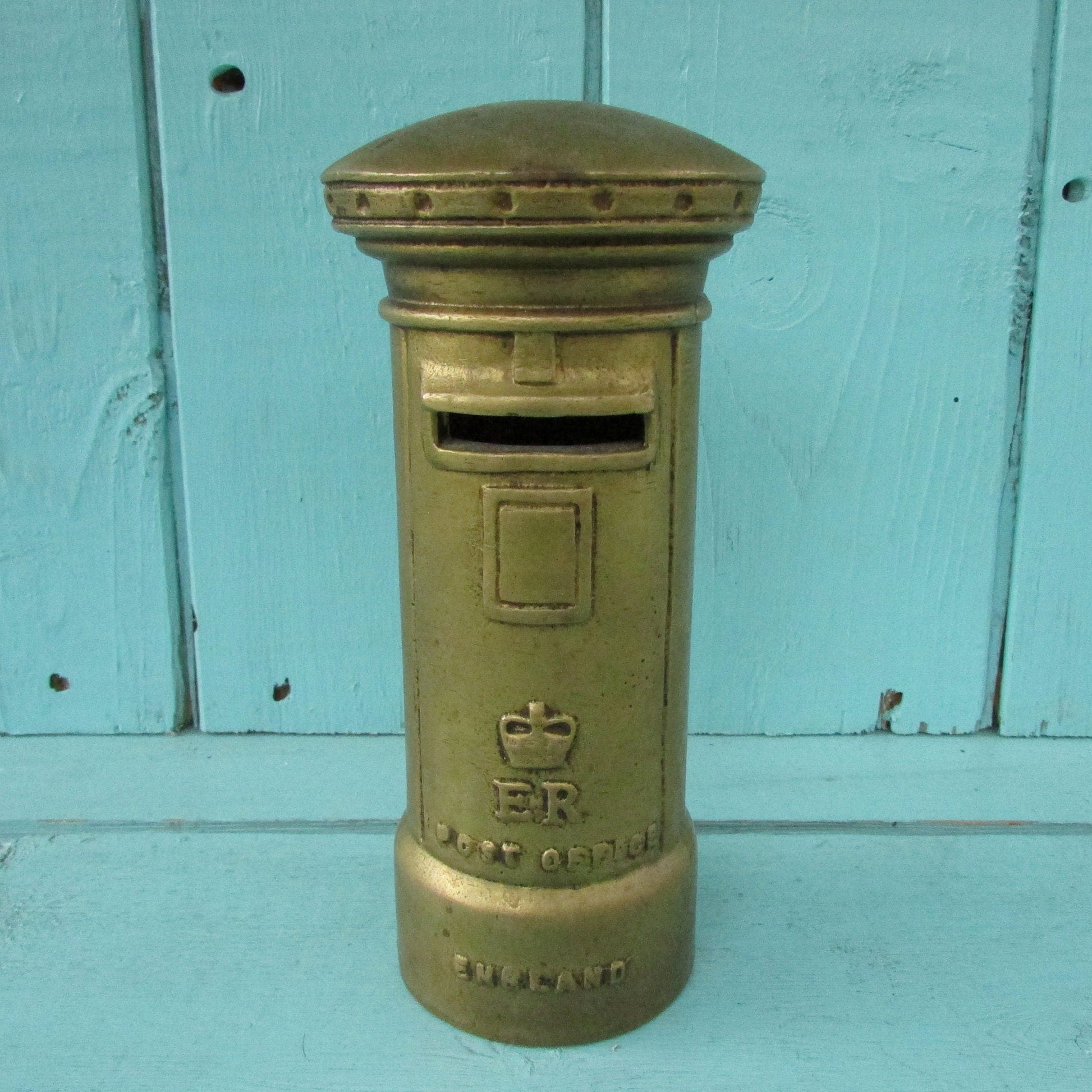 Vintage solid brass Post Office letter box money box (missing stopper)