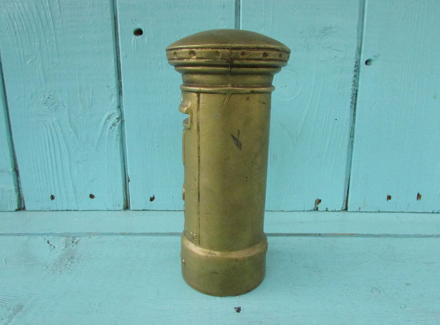Vintage solid brass Post Office letter box money box (missing stopper)