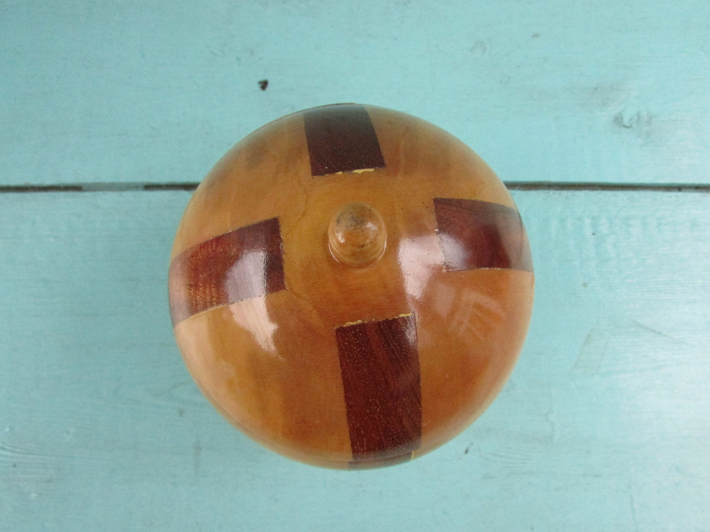 Vintage ball-shaped marquetry wooden trinket box