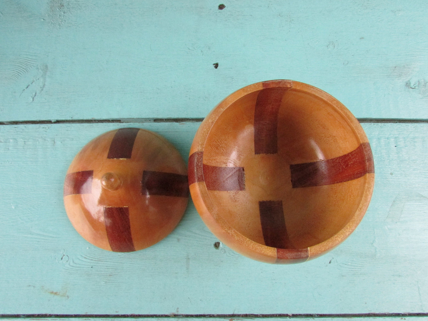 Vintage ball-shaped marquetry wooden trinket box