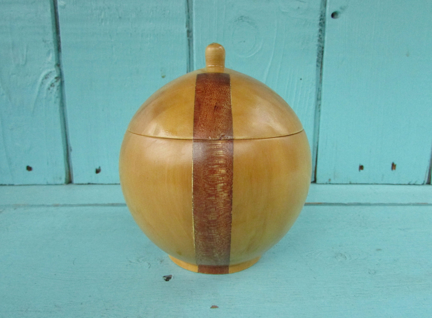 Vintage ball-shaped marquetry wooden trinket box