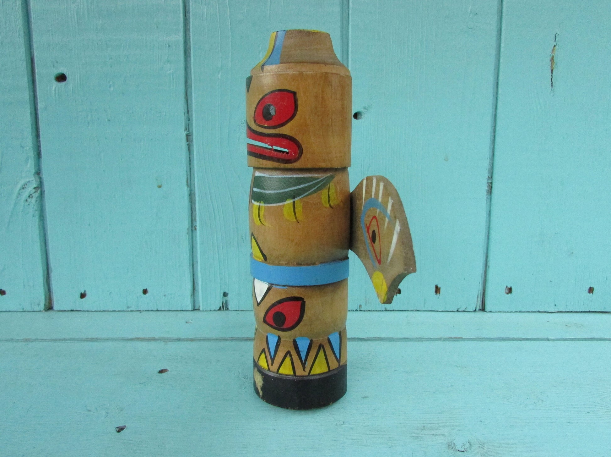 Vintage handpainted wooden totem pole money box