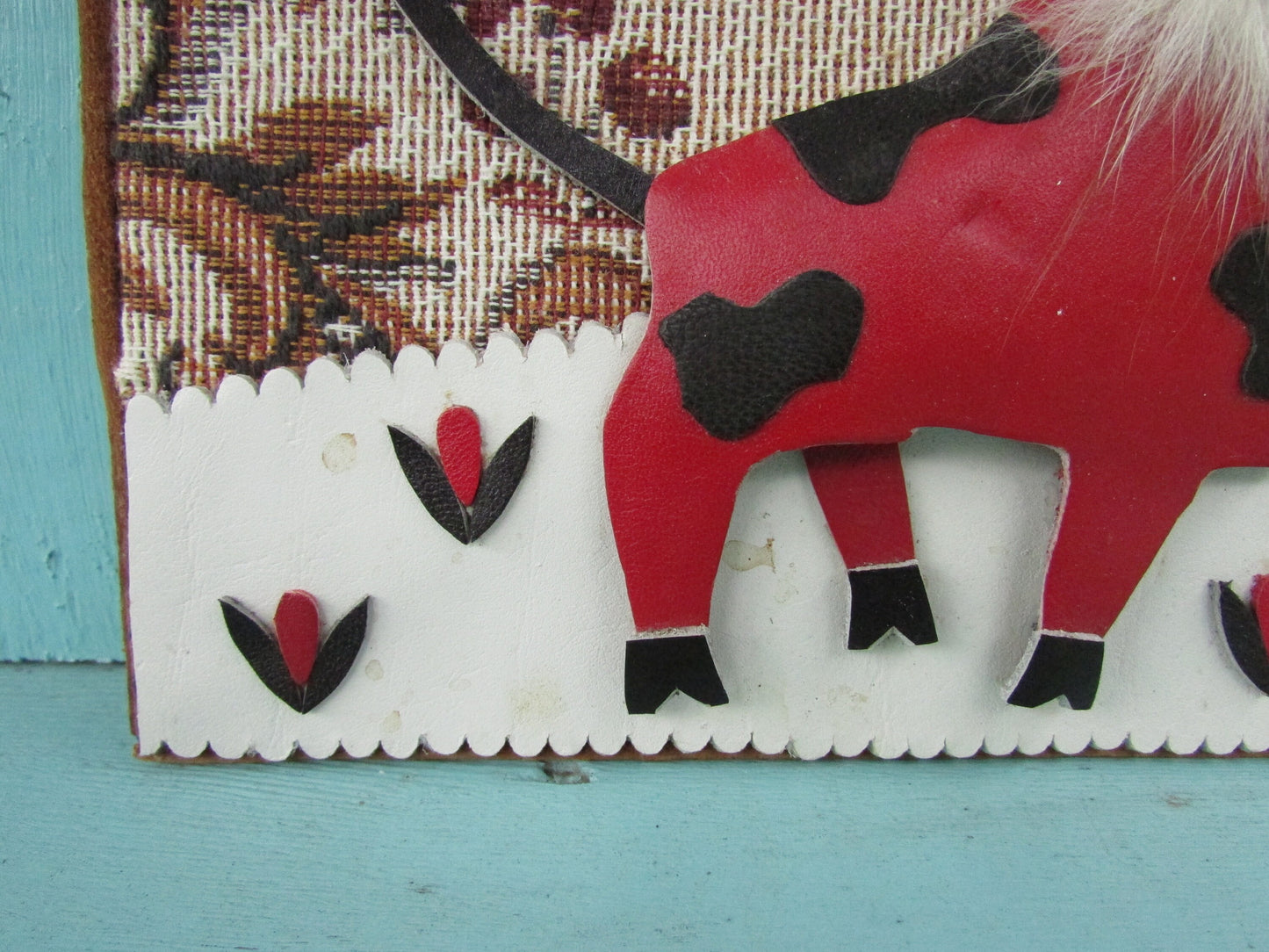 Kitsch vintage hand-crafted metal & fabric bull collage