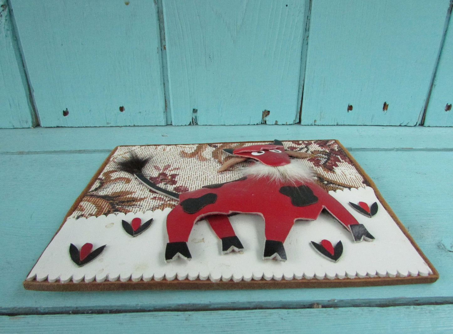 Kitsch vintage hand-crafted metal & fabric bull collage