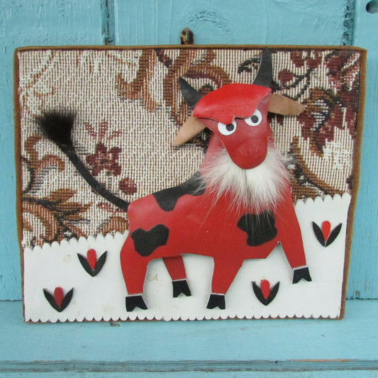 Kitsch vintage hand-crafted metal & fabric bull collage