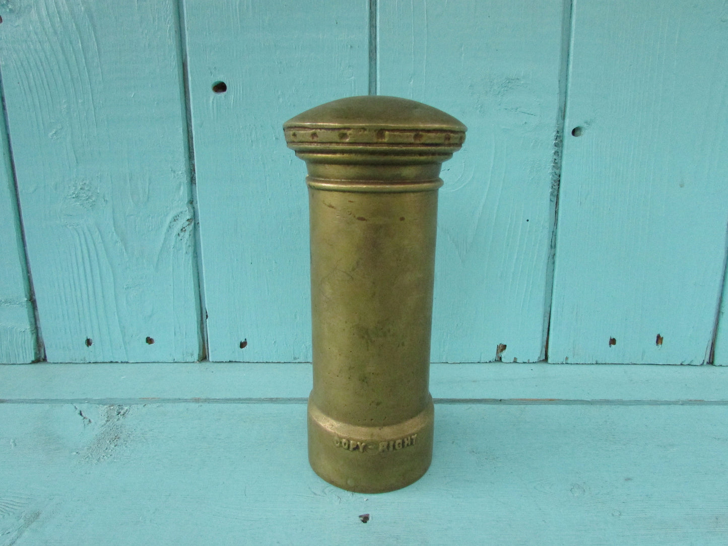 Vintage solid brass Post Office letter box money box (missing stopper)