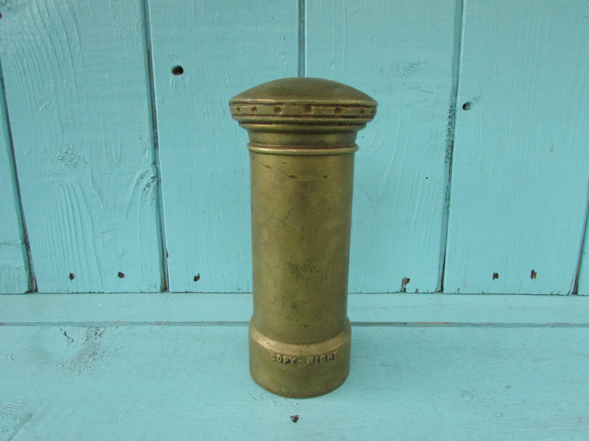 Vintage solid brass Post Office letter box money box (missing stopper)