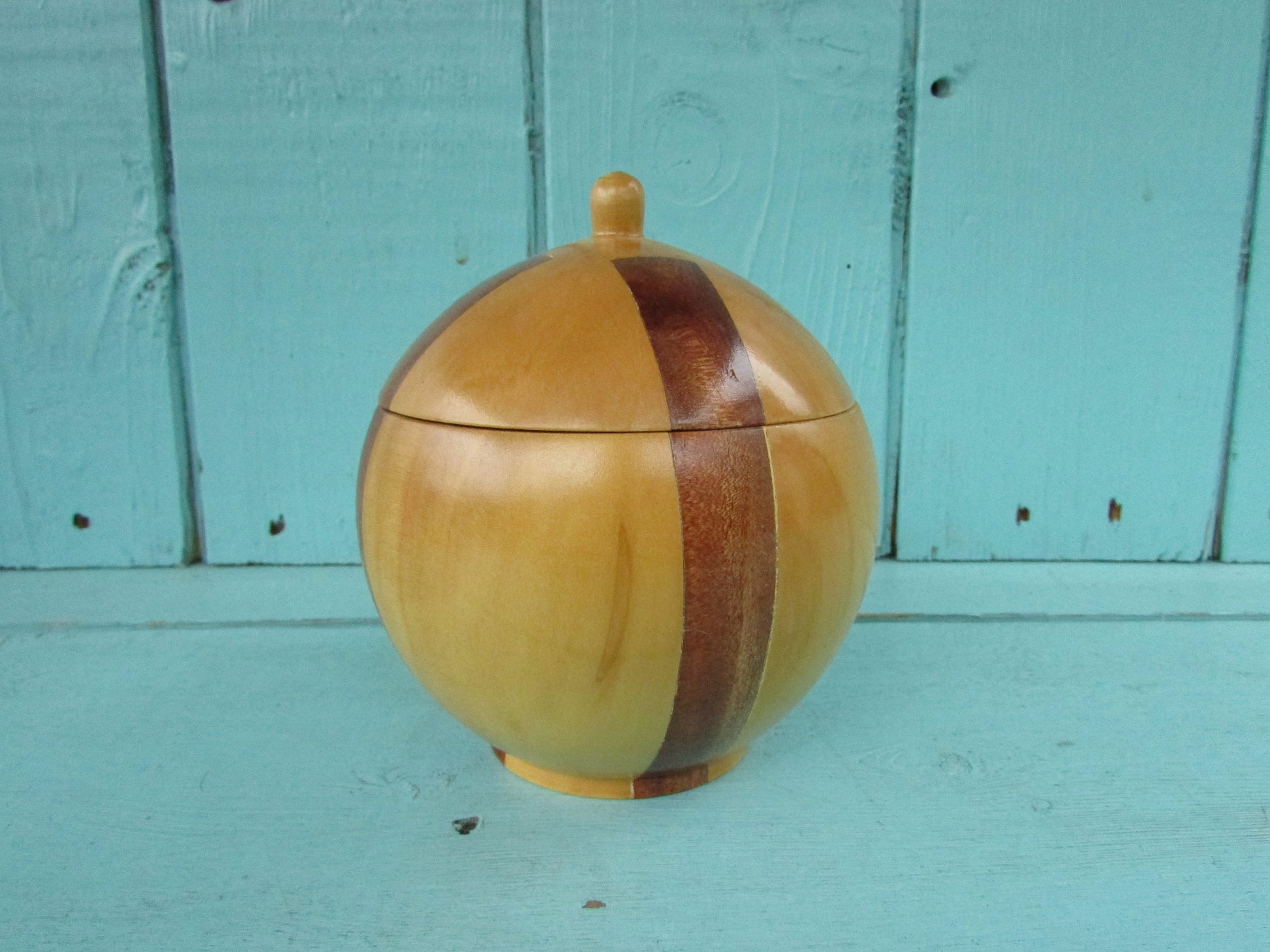 Vintage ball-shaped marquetry wooden trinket box