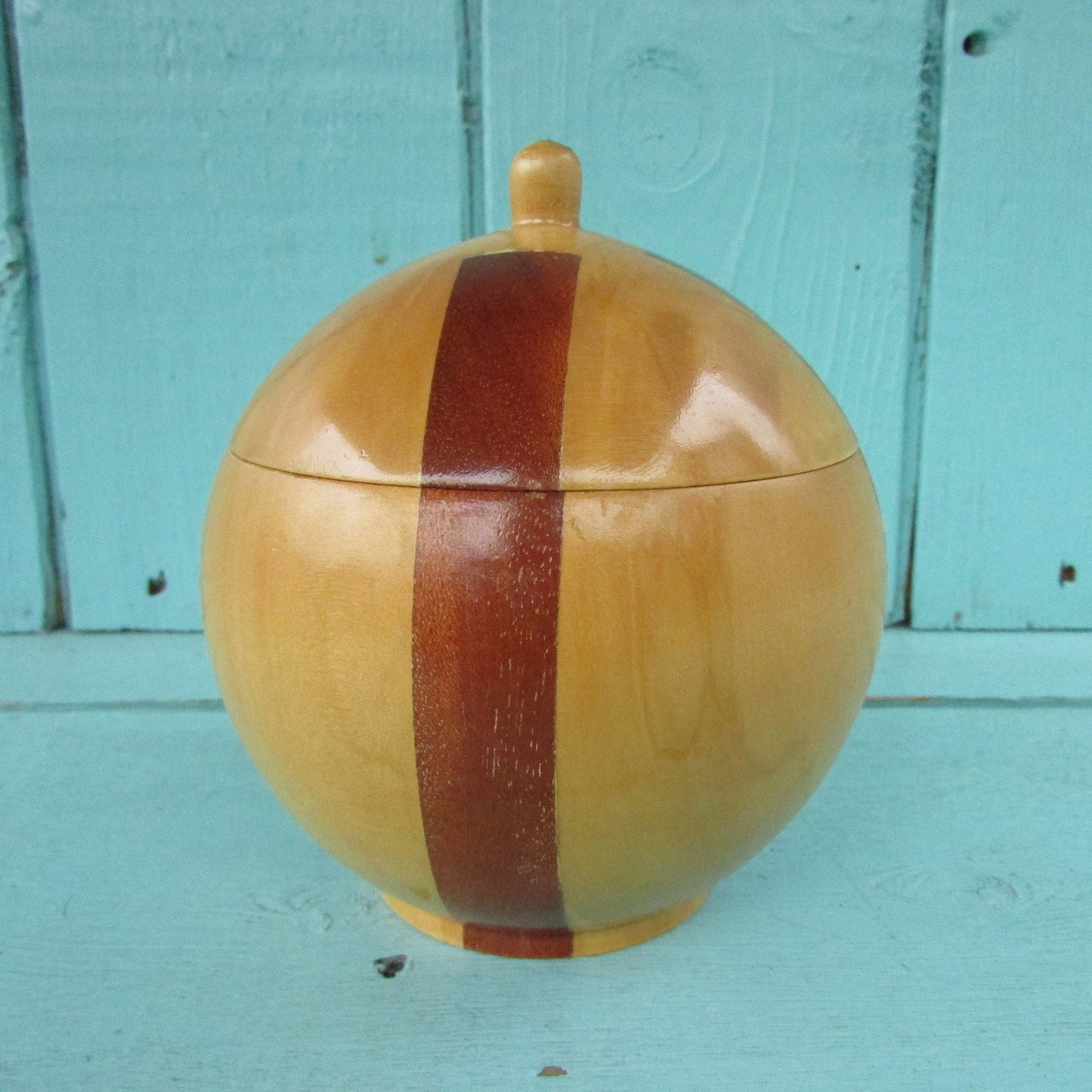 Vintage ball-shaped marquetry wooden trinket box