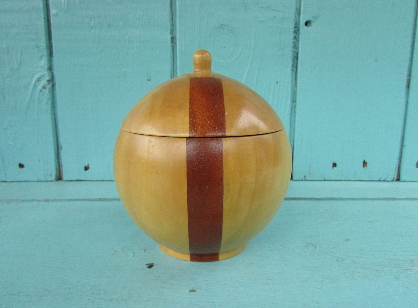 Vintage ball-shaped marquetry wooden trinket box