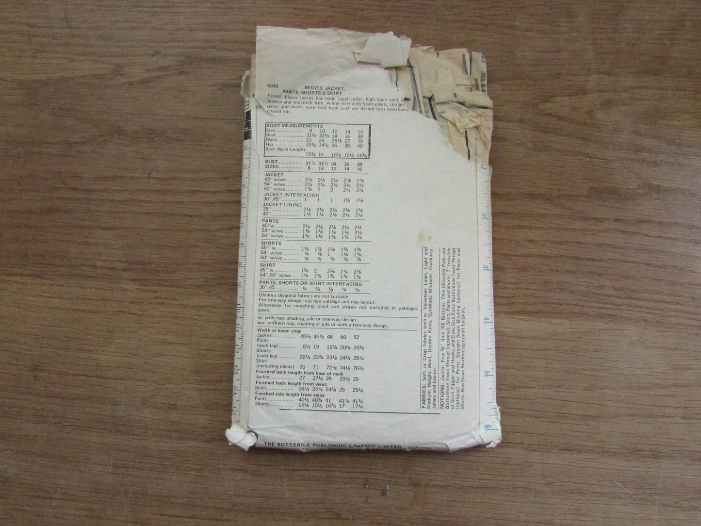 Part cut 1971 Butterick 6346 sewing pattern for misses' jacket, pants, shorts & skirt, size 12 (complete)