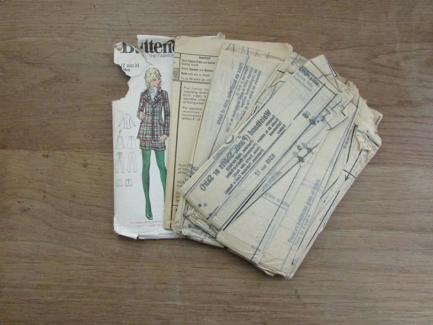 Part cut 1971 Butterick 6346 sewing pattern for misses' jacket, pants, shorts & skirt, size 12 (complete)