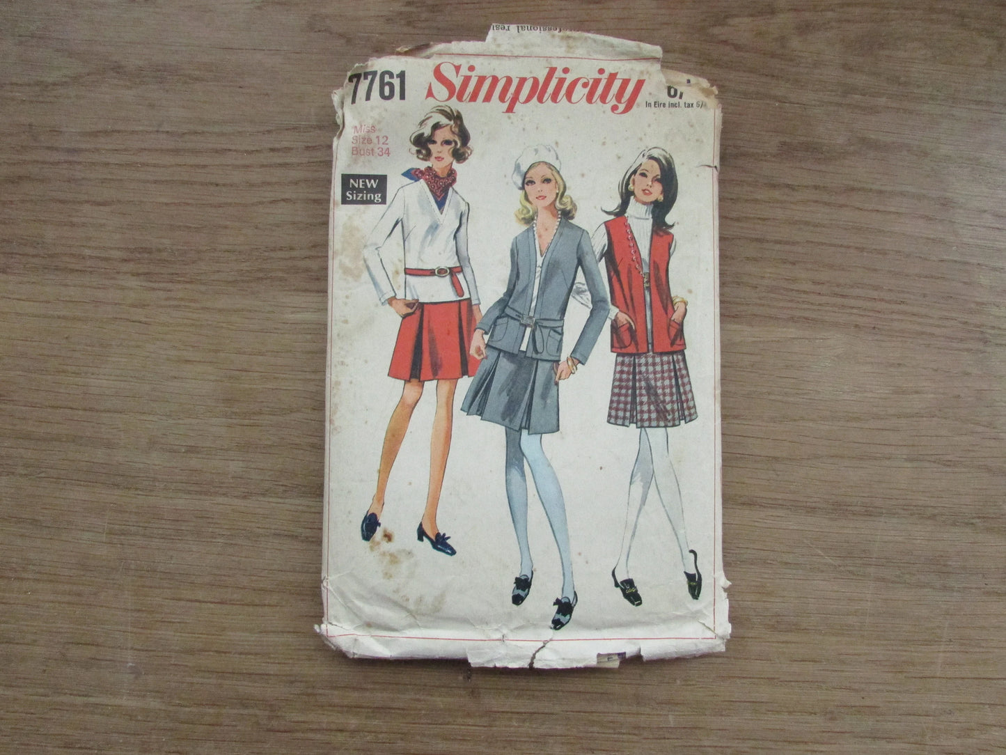 Part cut 1968 Simplicity 7761 sewing pattern for misses' jacket, sleeveless jacket, overblouse & skirt, size 12 (complete)