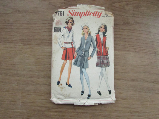 Part cut 1968 Simplicity 7761 sewing pattern for misses' jacket, sleeveless jacket, overblouse & skirt, size 12 (complete)