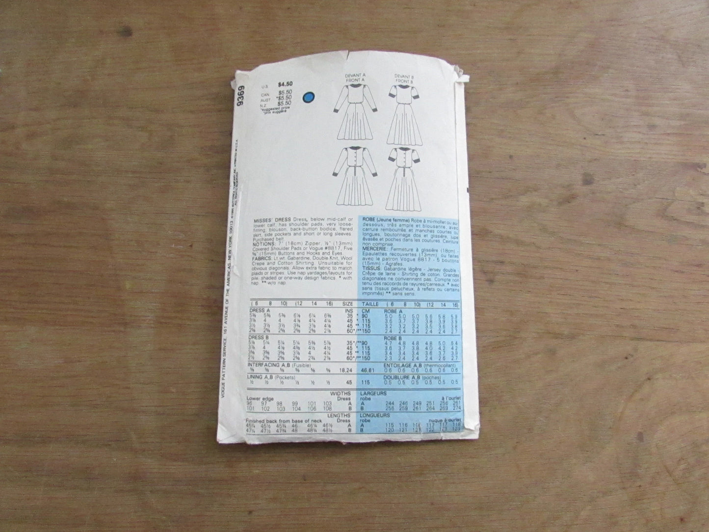 Part cut 1985 Vogue 9369 sewing pattern for misses' dress, cut to size 10 (complete)