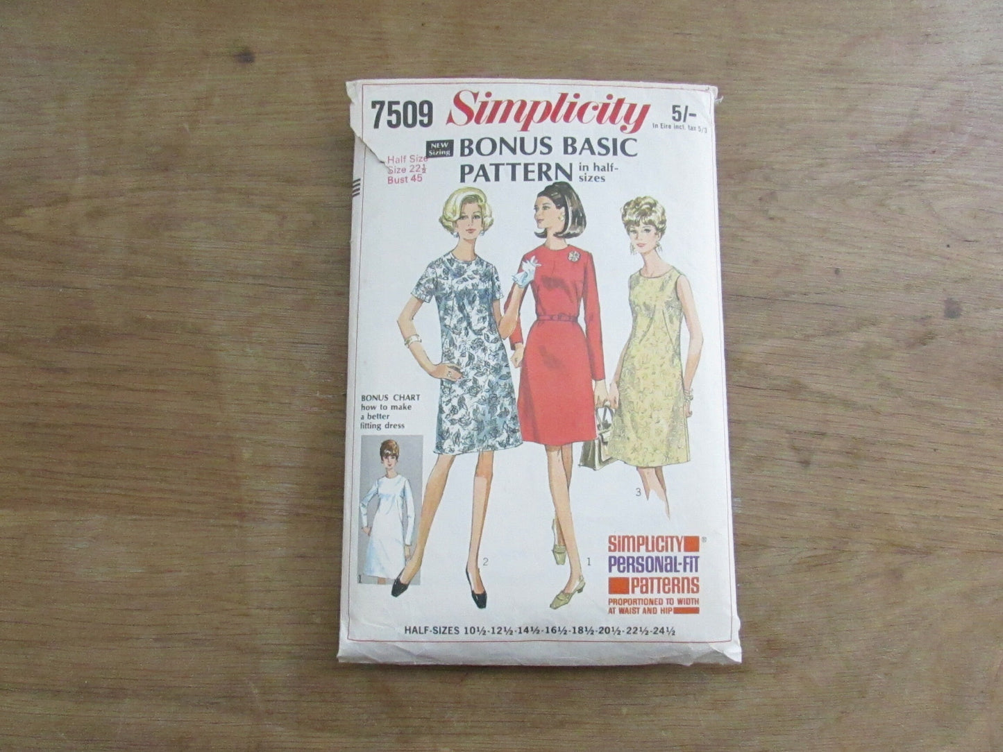 Part cut 1968 Simplicity 7509 sewing pattern for bonus basic dress in half-sizes, size 22.5 (complete)