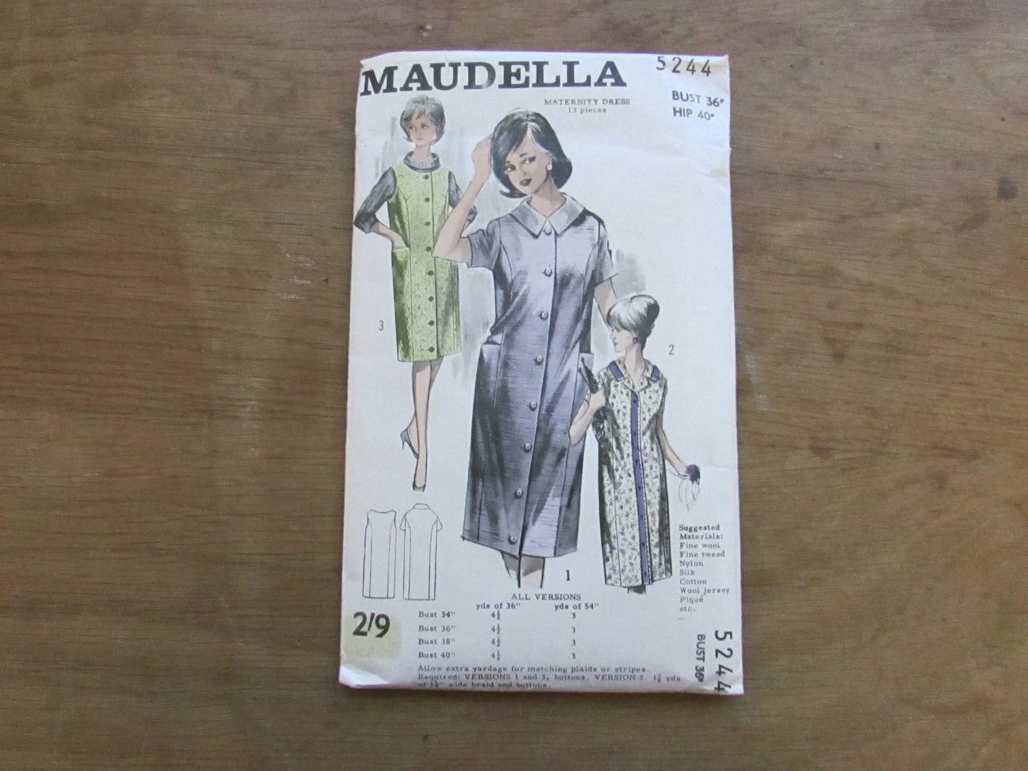 Uncut 1960s Maudella 5244 sewing pattern for maternity dress, size 12 (complete)