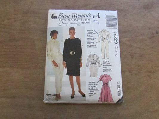 Uncut 1990s McCall's Busy Woman's 5529 sewing pattern for misses' jumpsuit, dresses & belt, size 12 (complete)