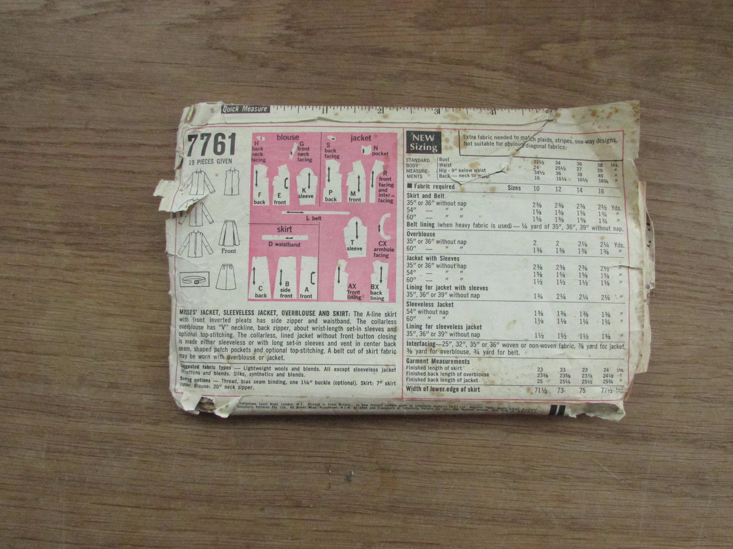 Part cut 1968 Simplicity 7761 sewing pattern for misses' jacket, sleeveless jacket, overblouse & skirt, size 12 (complete)