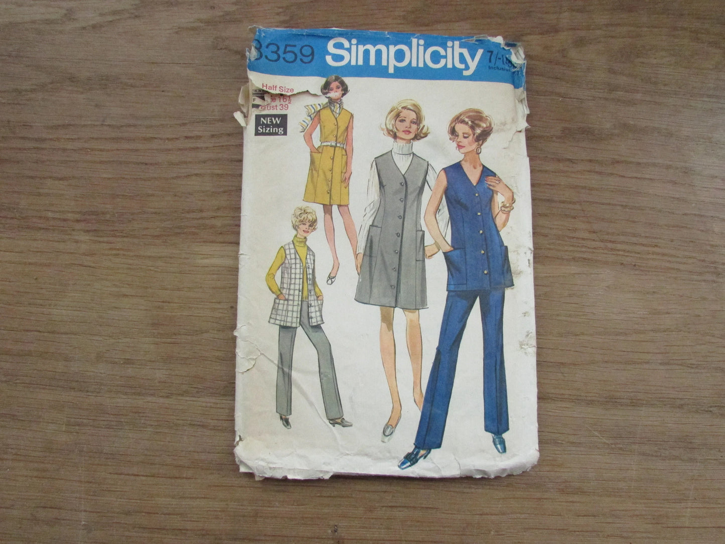 Part cut 1969 Simplicity 8359 sewing pattern for dress or jumper or tunic & pants in women's and half-sizes, size 16.5 (complete)
